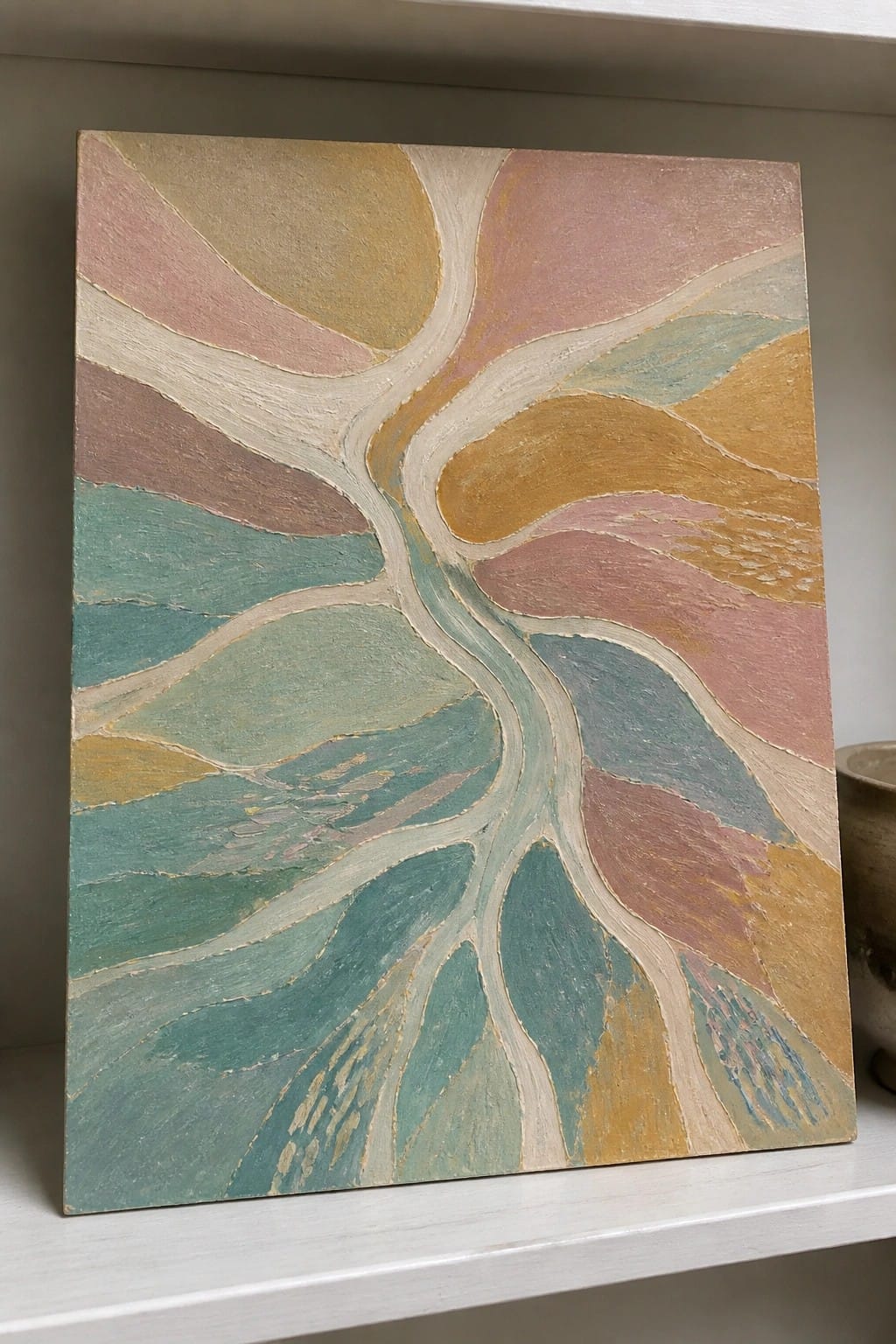 Abstract painting with flowing pastel shapes in pink, yellow, teal, and green on canvas