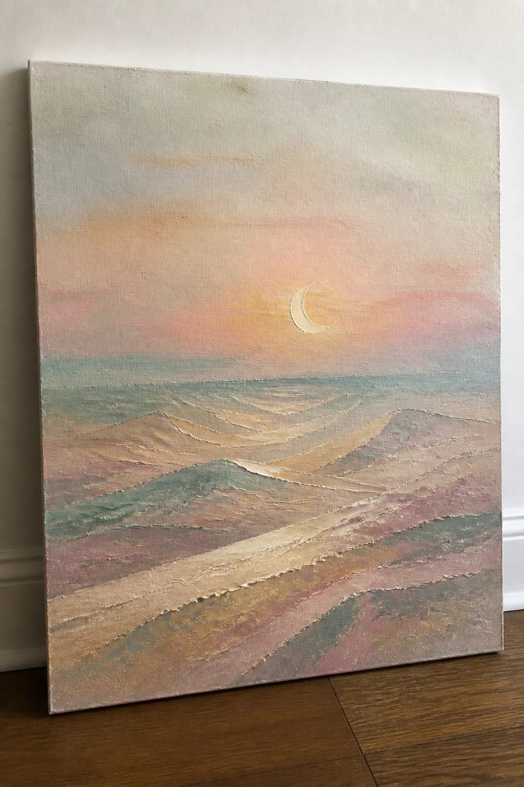 Textured seascape painting of pastel waves under pink sunset sky with crescent moon.