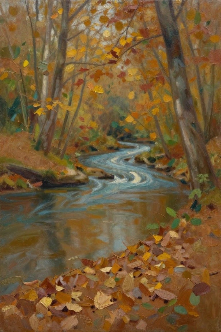 Winding blue stream through autumn forest with colorful fallen leaves on banks