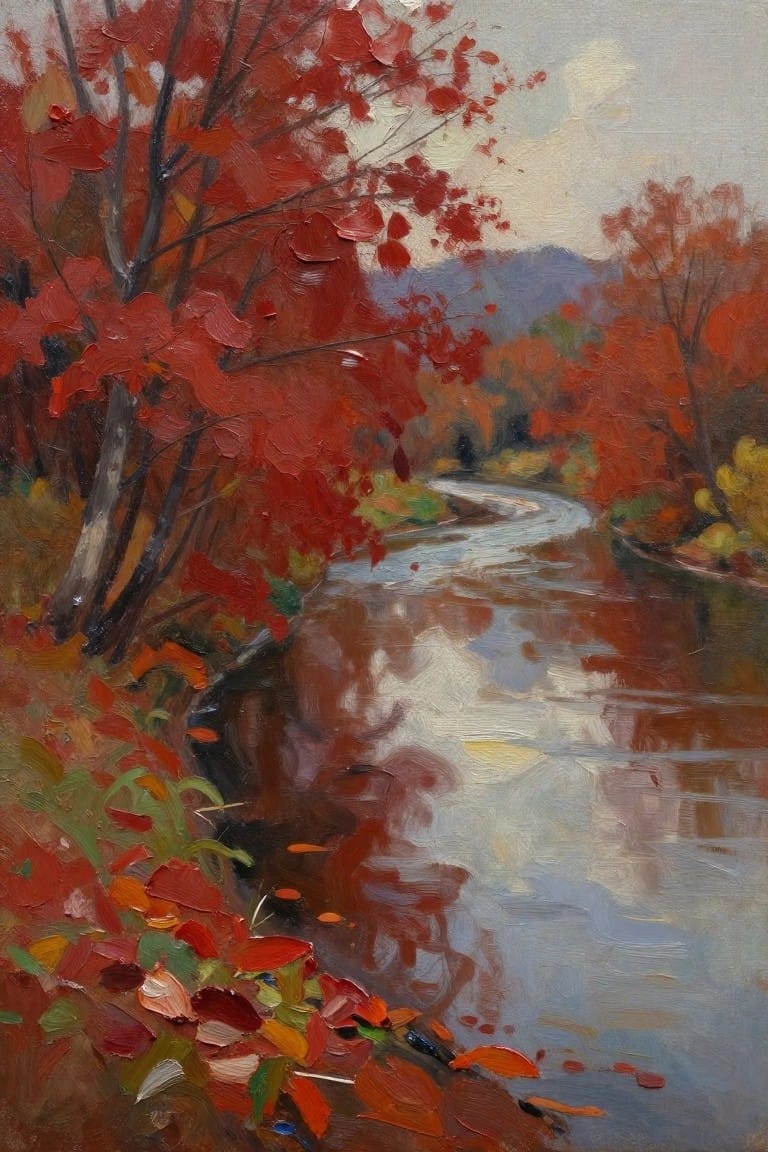 Vibrant oil painting of winding river amid red autumn trees with reflections.