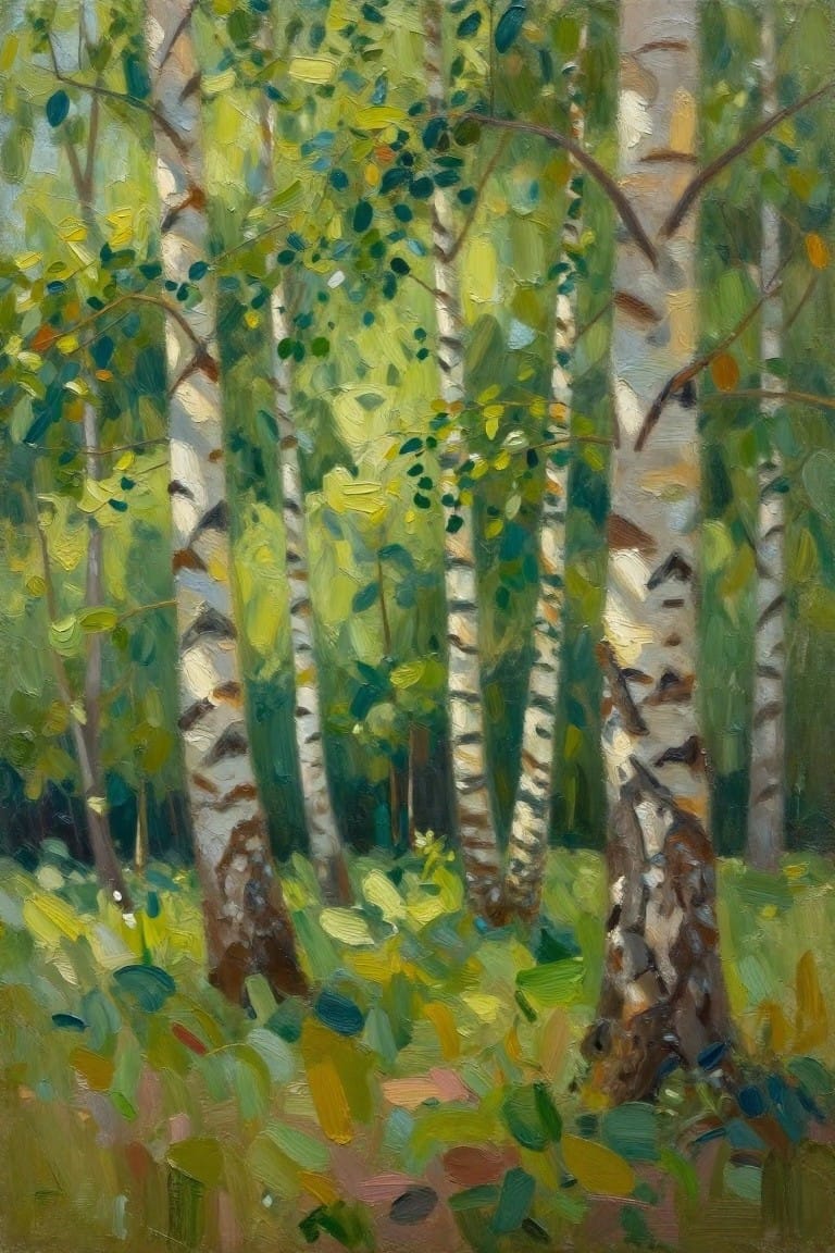 An oil painting of tall birch trees with white bark in a green forest, with leaves and ground cover in various shades of green and brown.