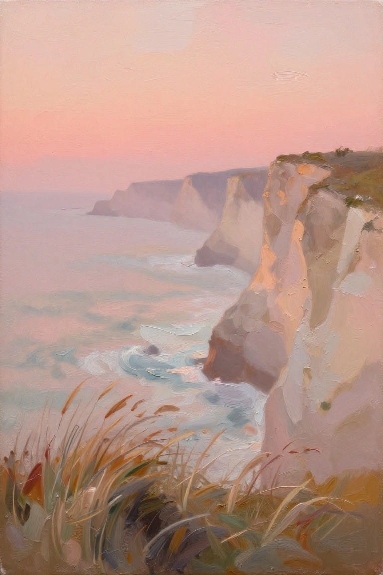 Pink-hued cliffs overlooking misty ocean waves with dry grass in foreground