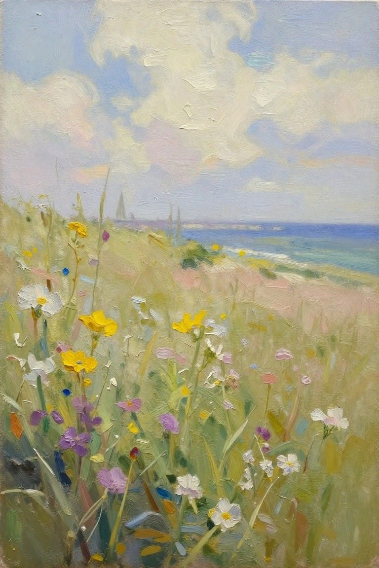 Colorful wildflowers bloom on a grassy hillside above the blue sea
