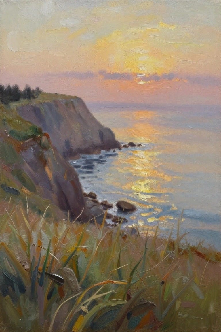 Oil painting of rocky cliffs at sunset with golden ocean reflections and grass.