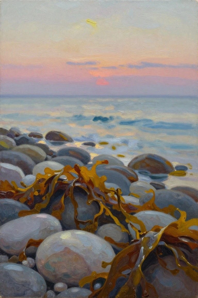 Rocky shore with golden seaweed, gentle waves, and vibrant sunset sky.