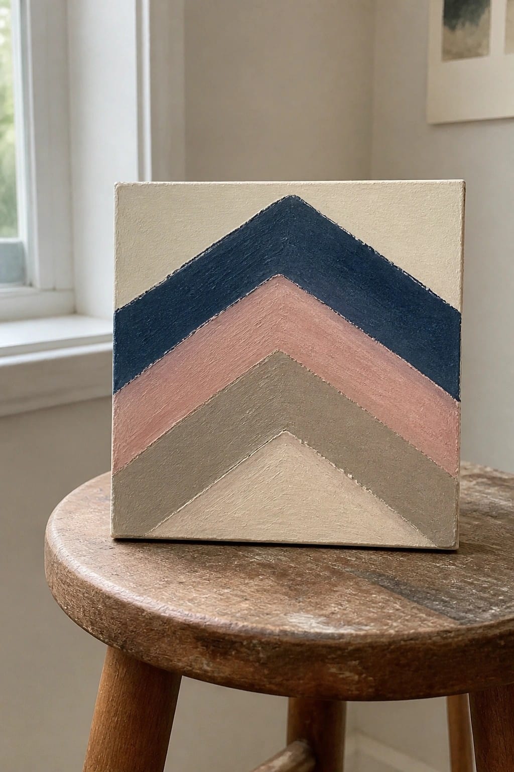 Small canvas with chevron stripes in navy, pink, taupe, and beige on wooden stool.