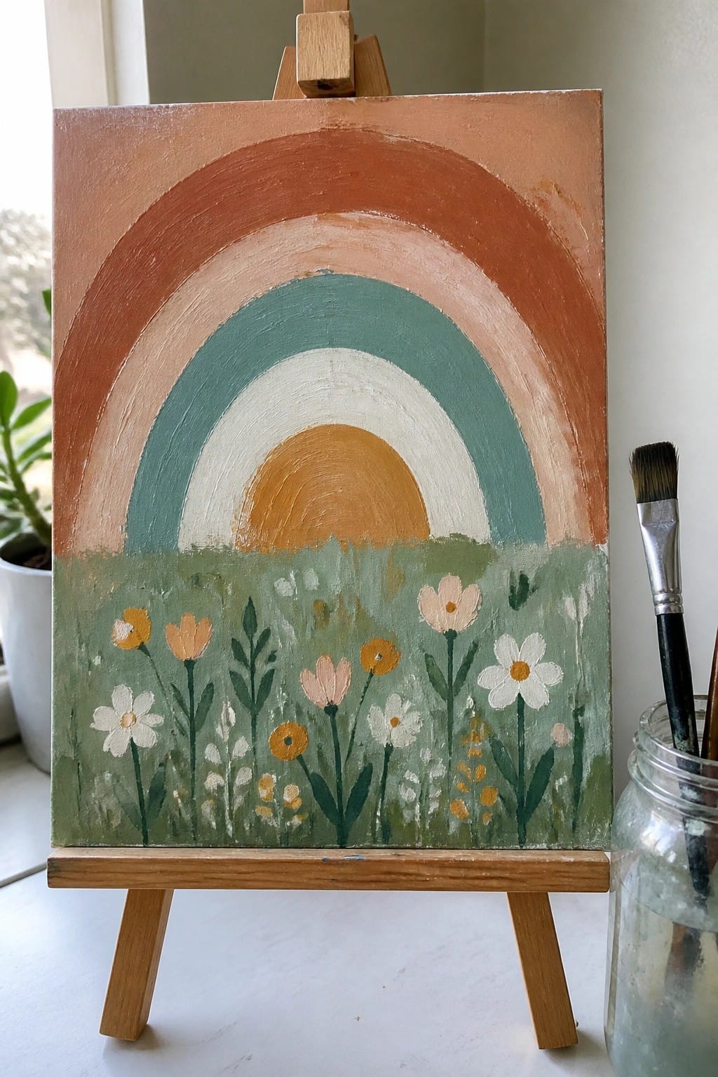 Rainbow and flower meadow painting on wooden easel with paintbrush jar