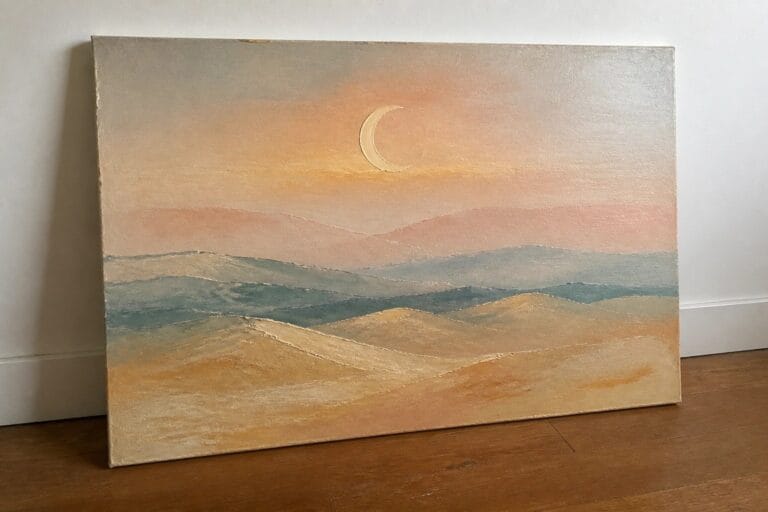 Textured seascape painting of pastel waves under pink sunset sky with crescent moon.