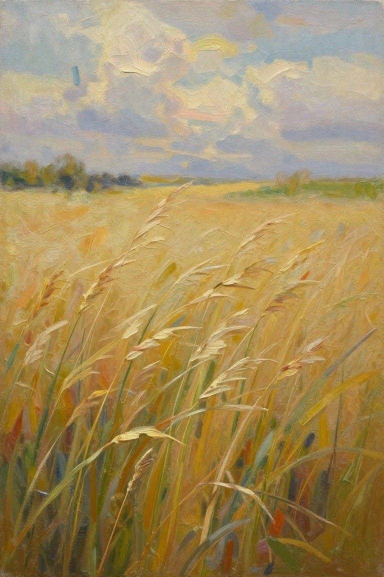 Impressionistic oil painting of golden wheat stalks under a cloudy sky