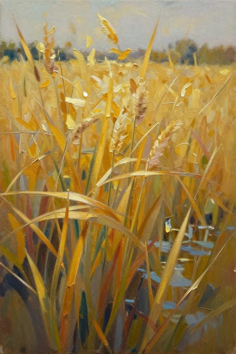 An oil painting of golden wheat stalks in a field with water visible near the bottom.
