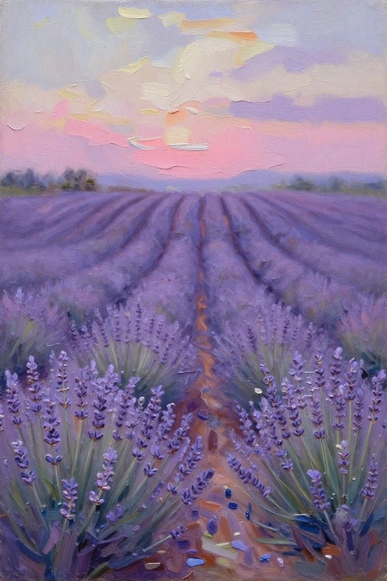 Oil painting of lavender rows under pink purple orange sunset sky