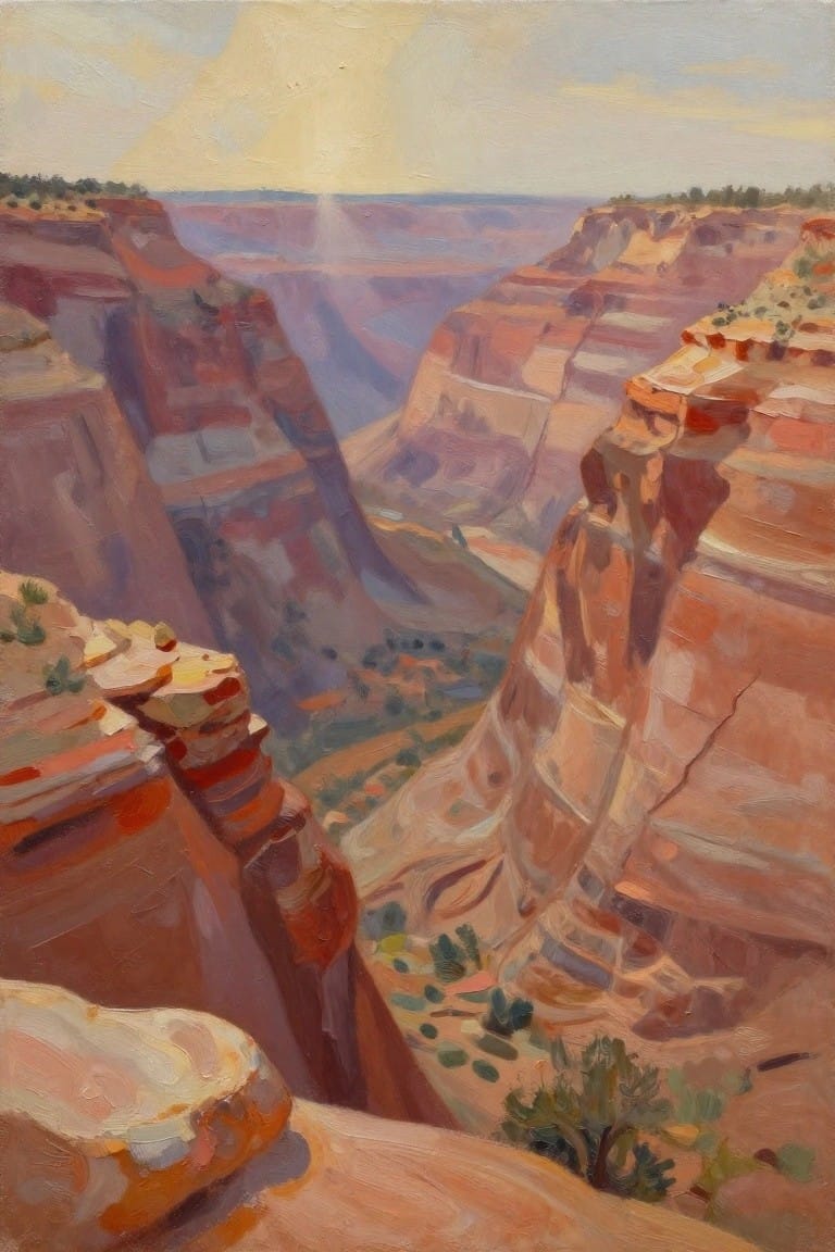 Layered red-orange canyon cliffs under hazy sunlight in impressionistic painting.