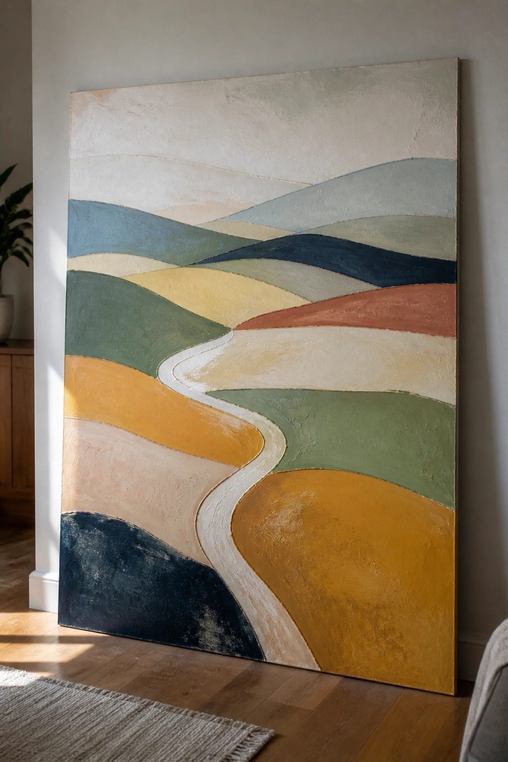 Abstract painting with layered colorful waves and a winding white path