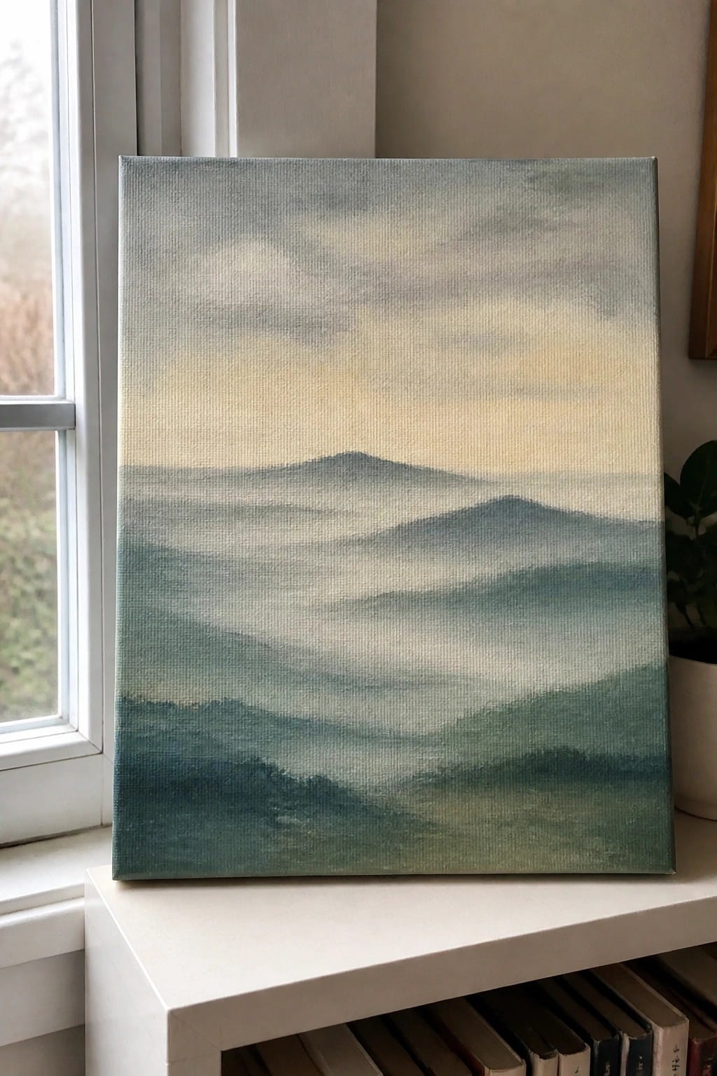 Misty mountain landscape painting in soft greens and blues on a white shelf