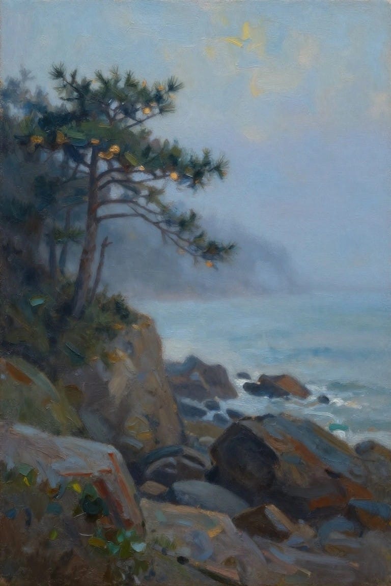Windswept pine tree on misty rocky cliff above ocean waves and boulders