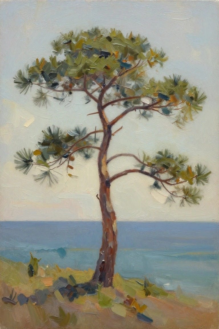 Oil painting of a lone pine tree by the calm blue sea