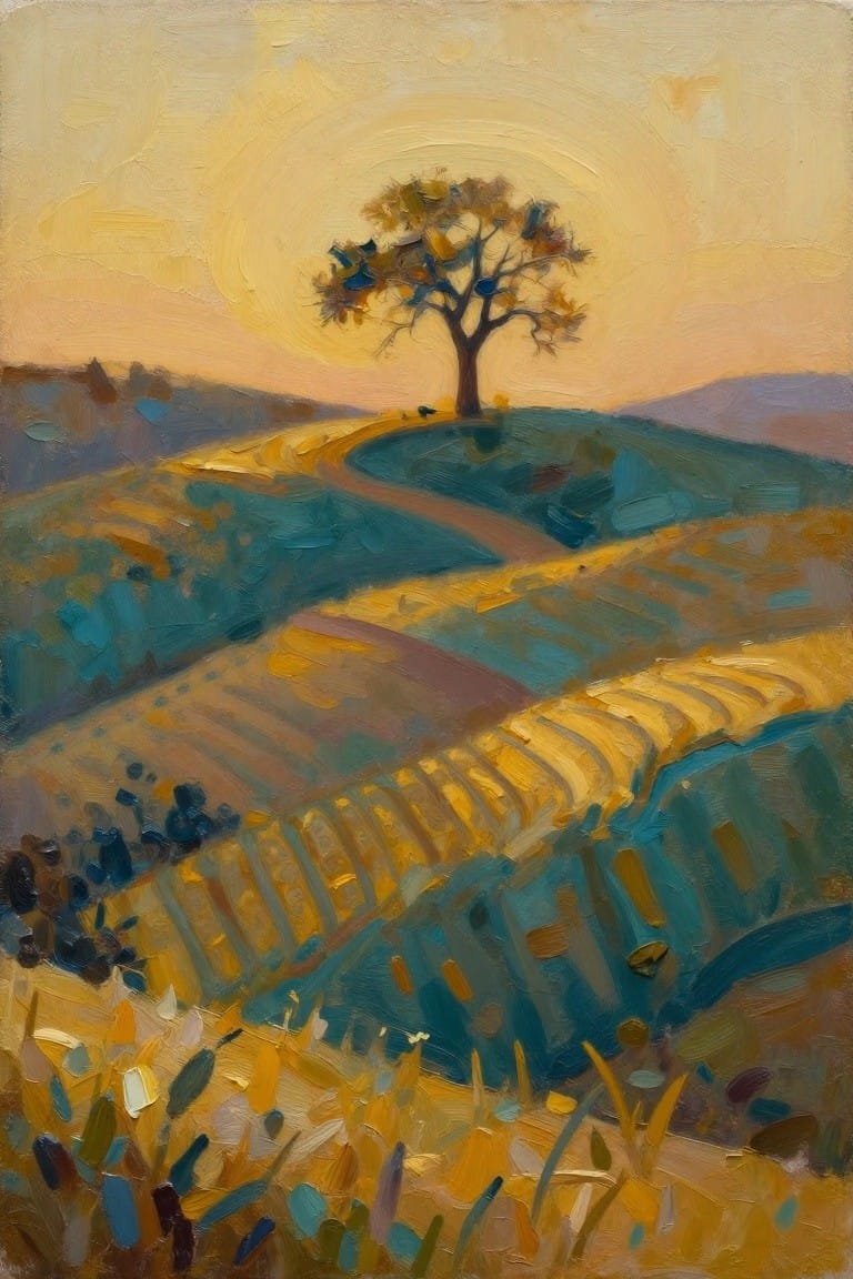 Oil painting of lone tree atop winding paths on colorful hills at sunset.