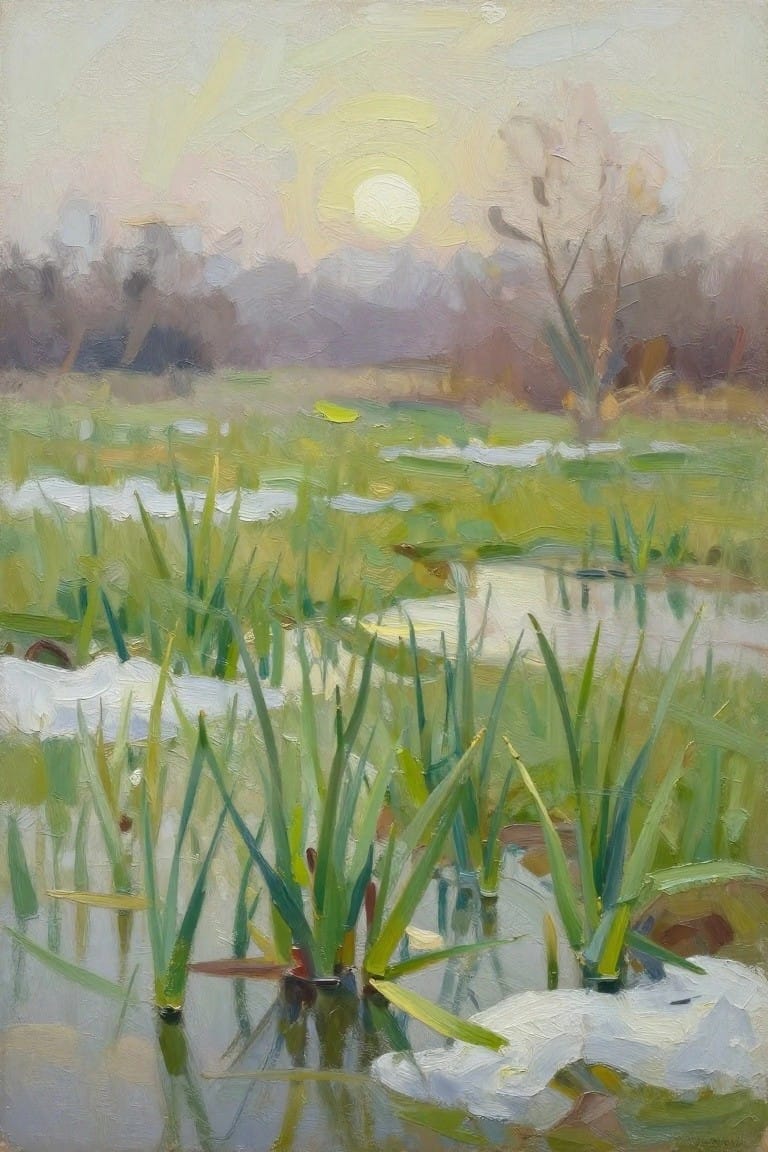 Impressionistic painting of green reeds in melting snow under a pale sun
