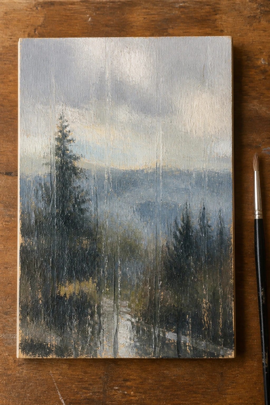 Impressionistic oil painting of misty forest path on wood beside paintbrush