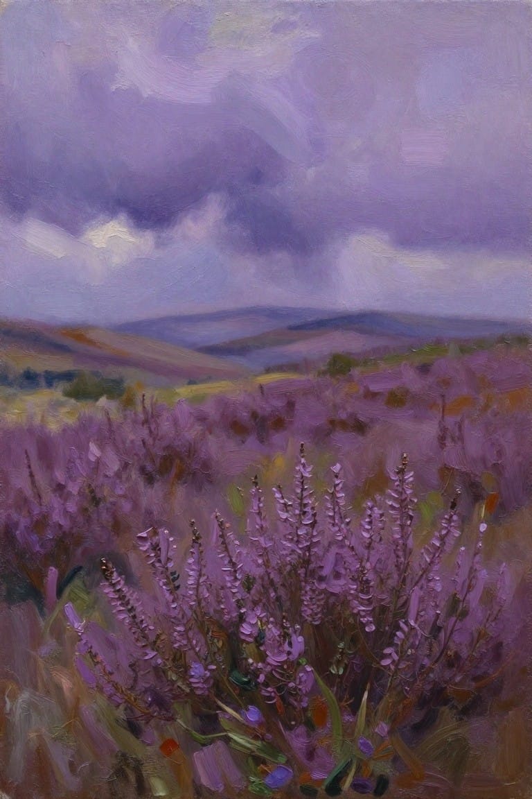 Purple heather blooms across rolling hills beneath dramatic stormy skies