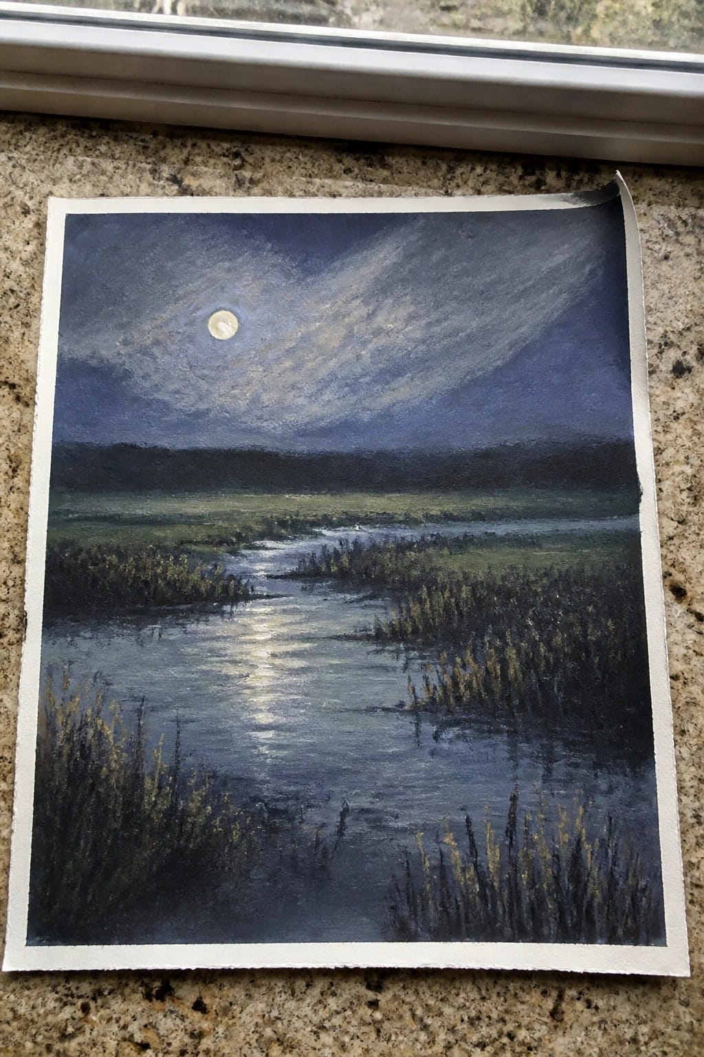 Moonlit marsh painting with glowing full moon reflecting in winding stream through reeds