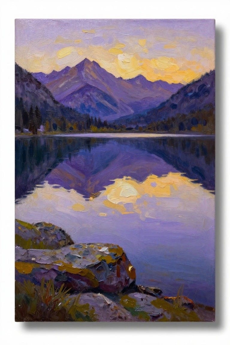 Impressionist oil painting of purple mountains reflected in a lake at sunset with rocky foreground.