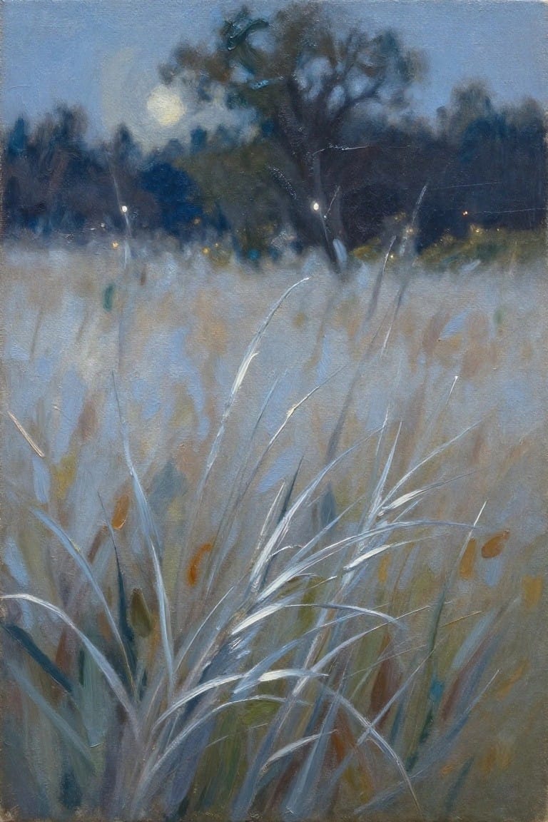 Silvery grasses sway in a misty twilight field beneath a glowing moon and dark trees