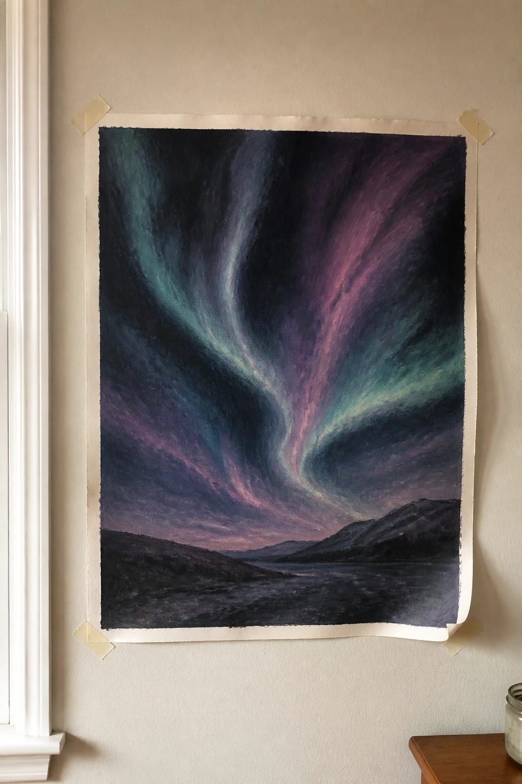 Oil painting of the aurora borealis over mountains and water taped to a wall.
