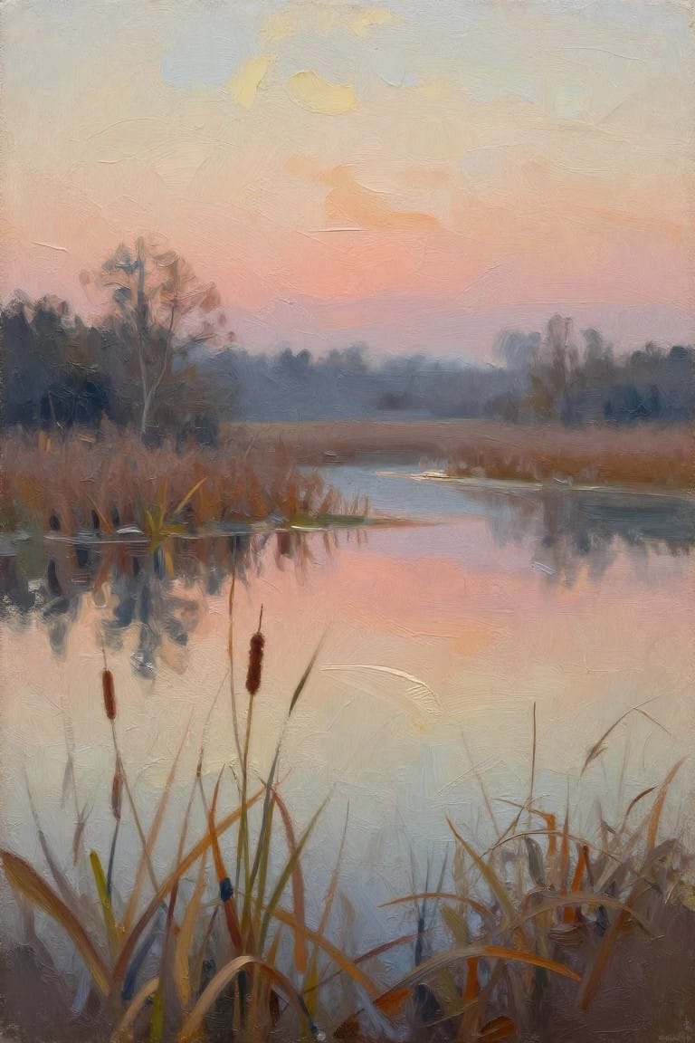 Pastel sunset reflecting on calm marsh waters with foreground cattails and reeds.