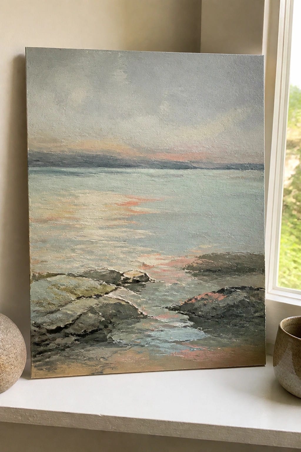 Seascape painting of calm waters, rocks, and pastel sky on windowsill