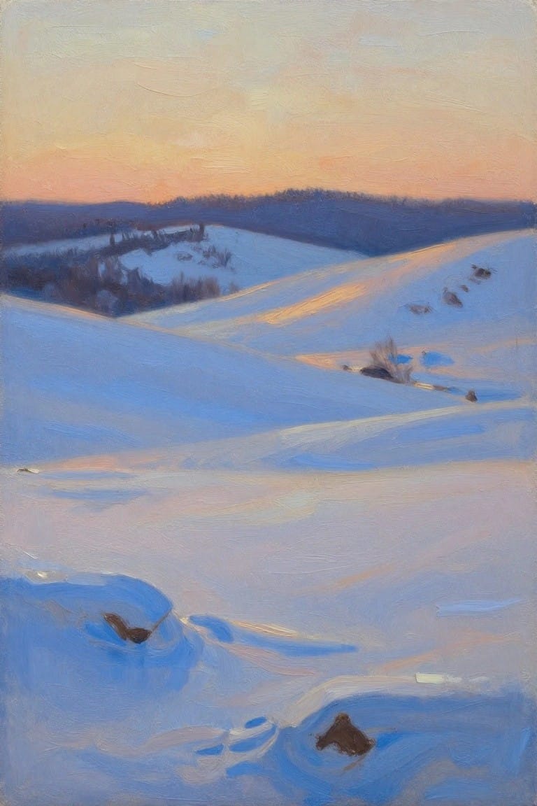 An oil painting of rolling snow-covered hills under a pale orange and pink sky with distant dark trees on the horizon.