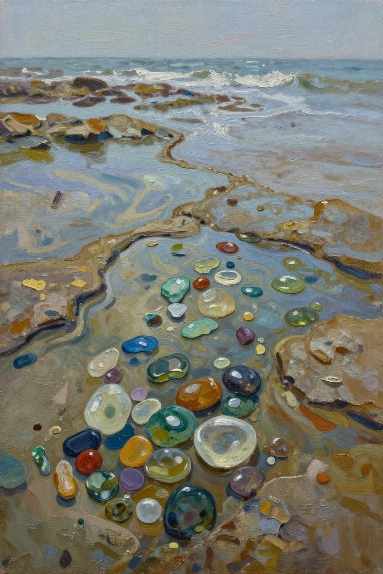 Colorful translucent pebbles in shallow tide pools on a rocky shoreline with waves
