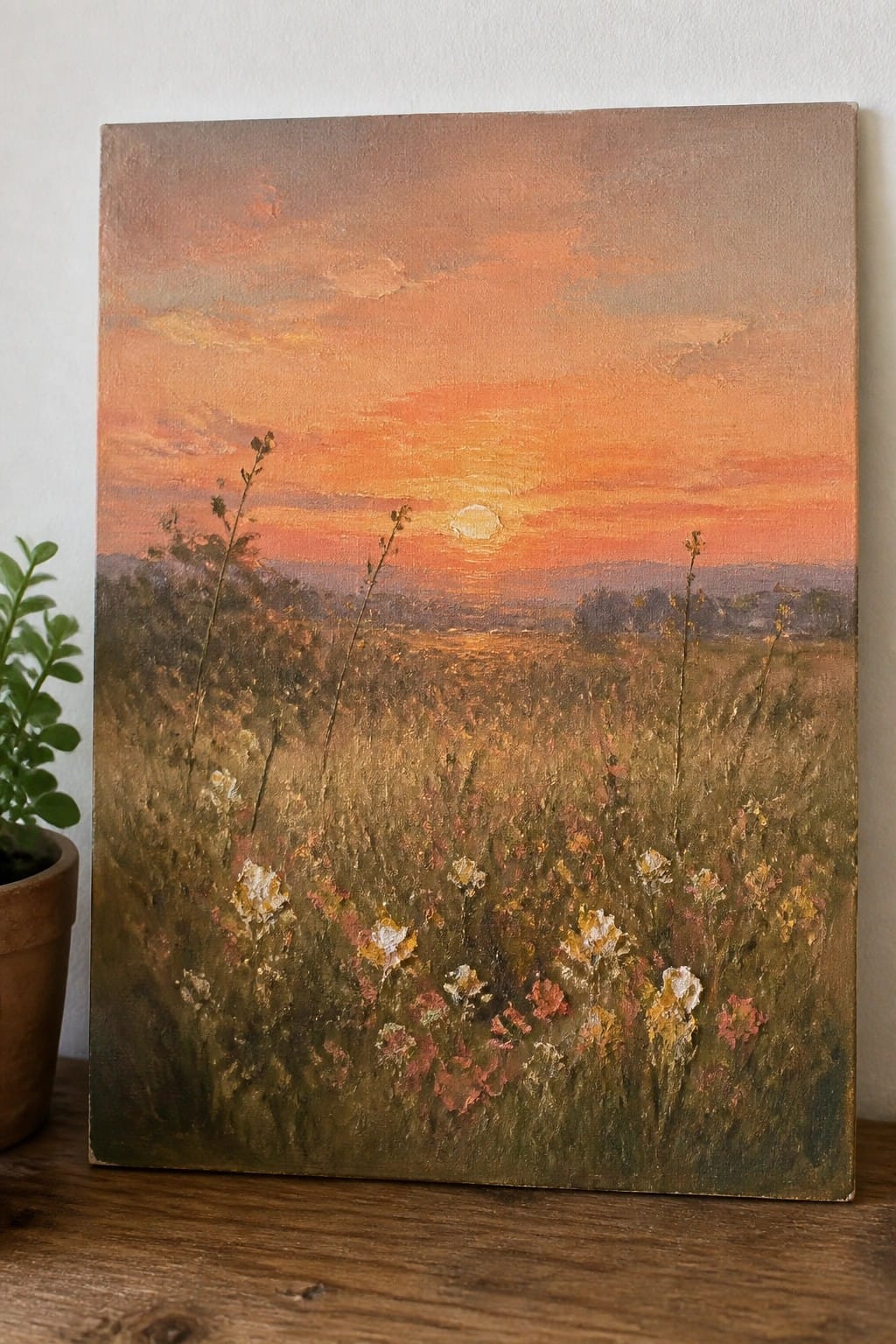 Oil painting of orange sunset over wildflower meadow beside potted plant on wood table