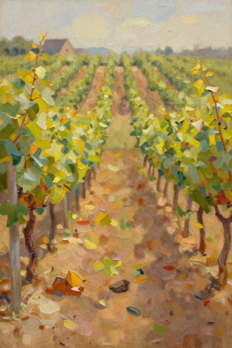 Impressionistic vineyard painting with colorful autumn grapevines and dirt paths