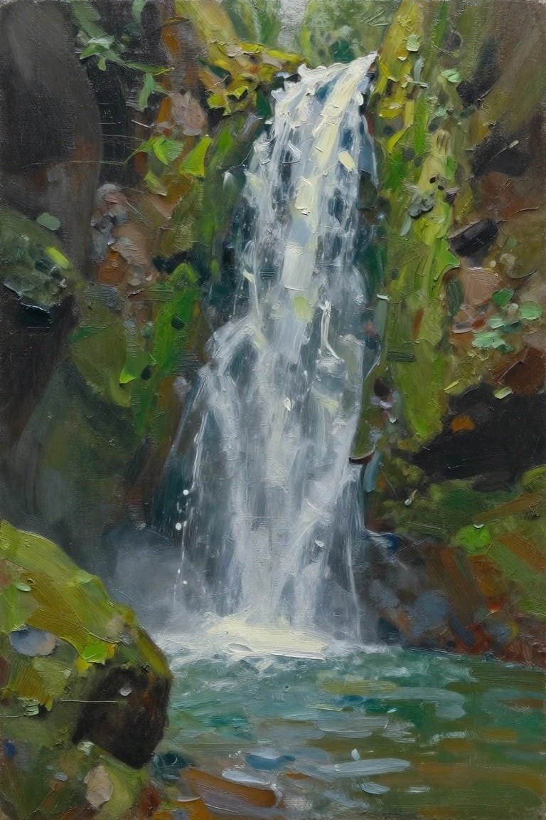 Thick brushstrokes depict a cascading waterfall amid lush green foliage and rocky cliffs.