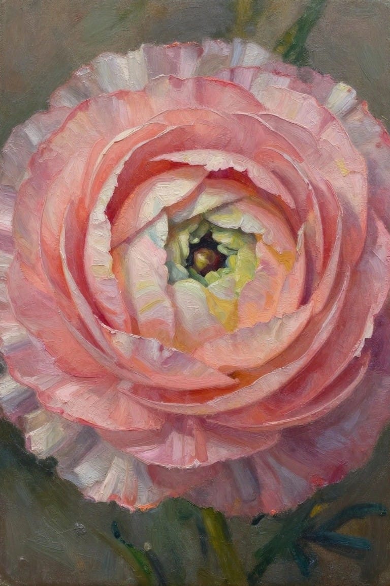 Close-up of a pink ranunculus with layered ruffled petals in thick oil brushstrokes.
