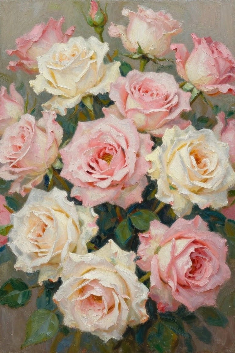 Oil painting of blooming pink and white roses with green leaves and buds