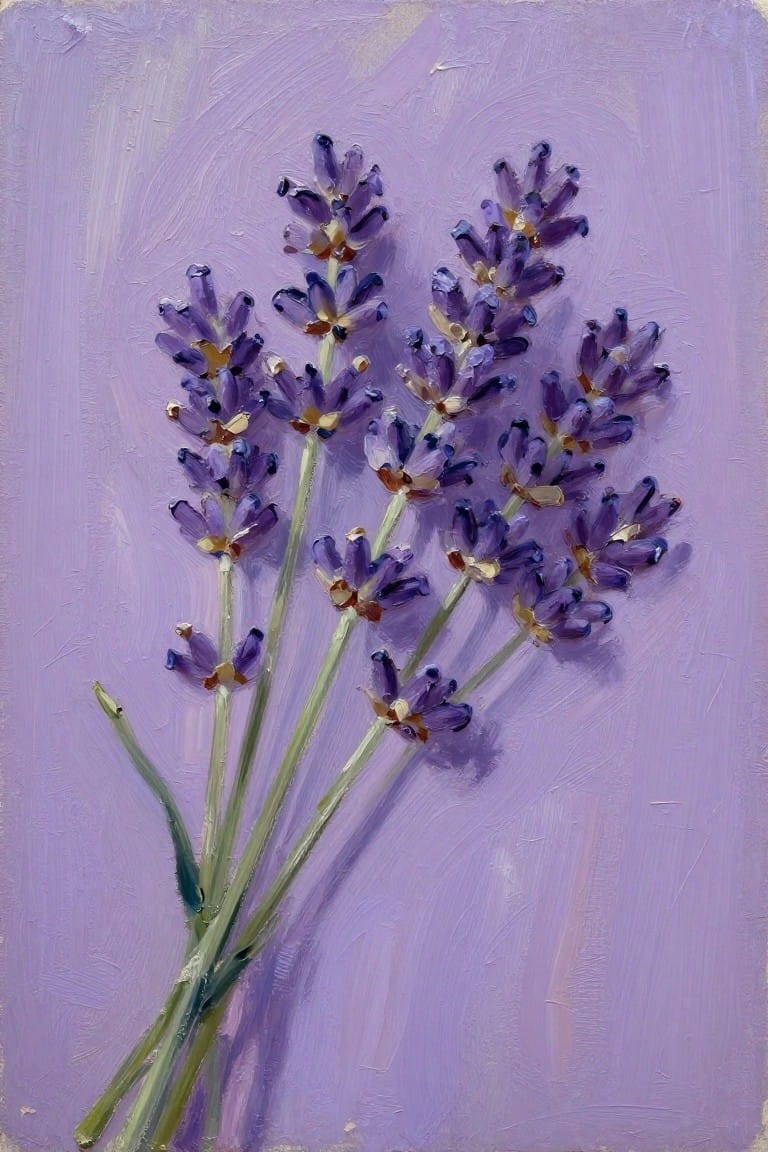 Oil painting of purple lavender flowers on green stems against lavender background.