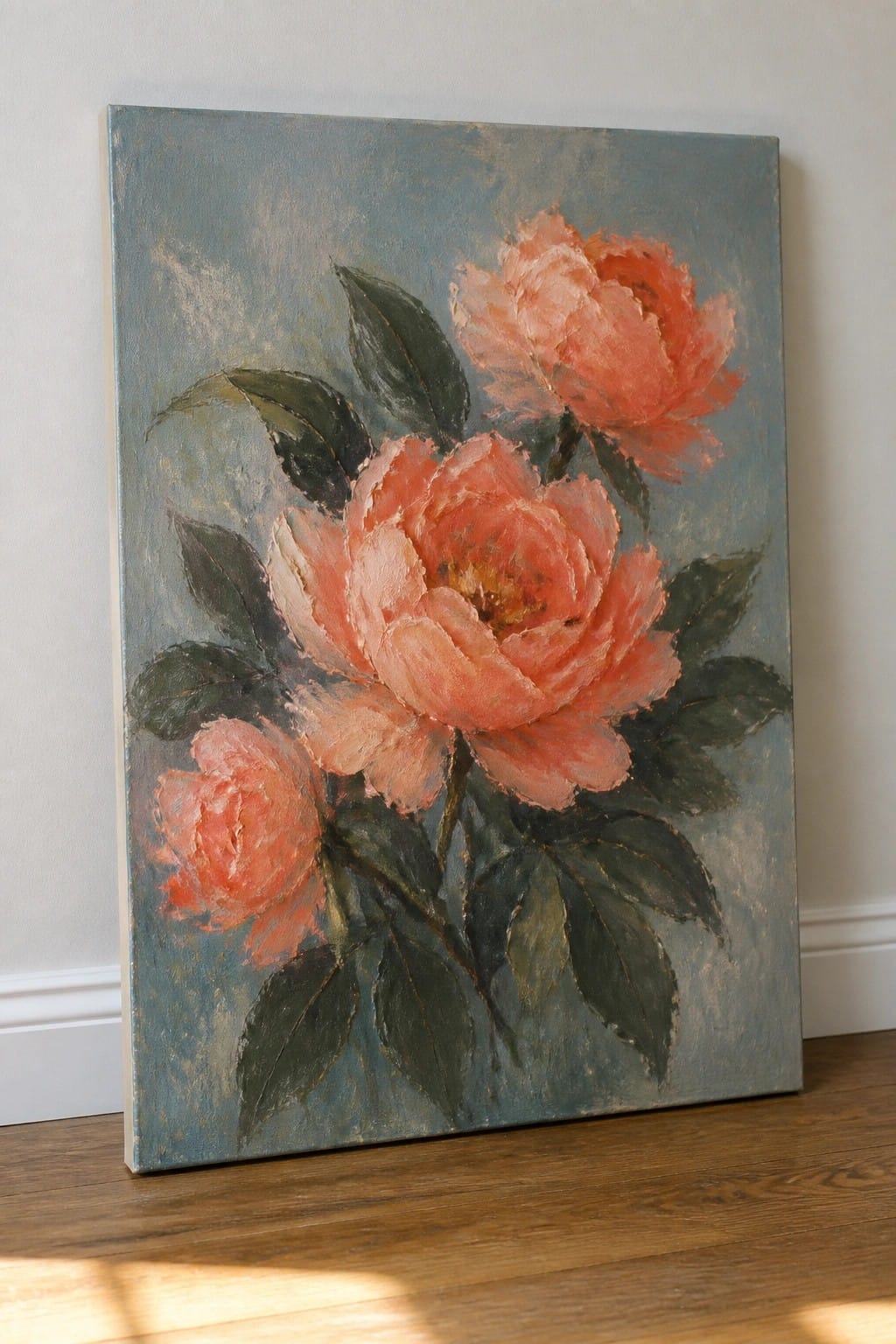 An oil painting of coral peonies with dark green leaves against a blue-gray background on a canvas resting on a wood floor.