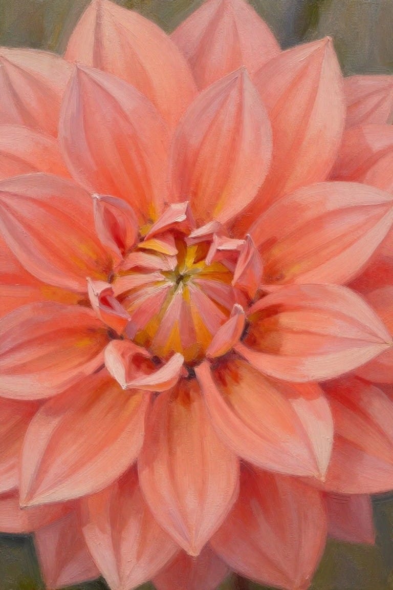 Close-up of vibrant pink dahlia with layered petals and yellow-orange center in oil painting style.