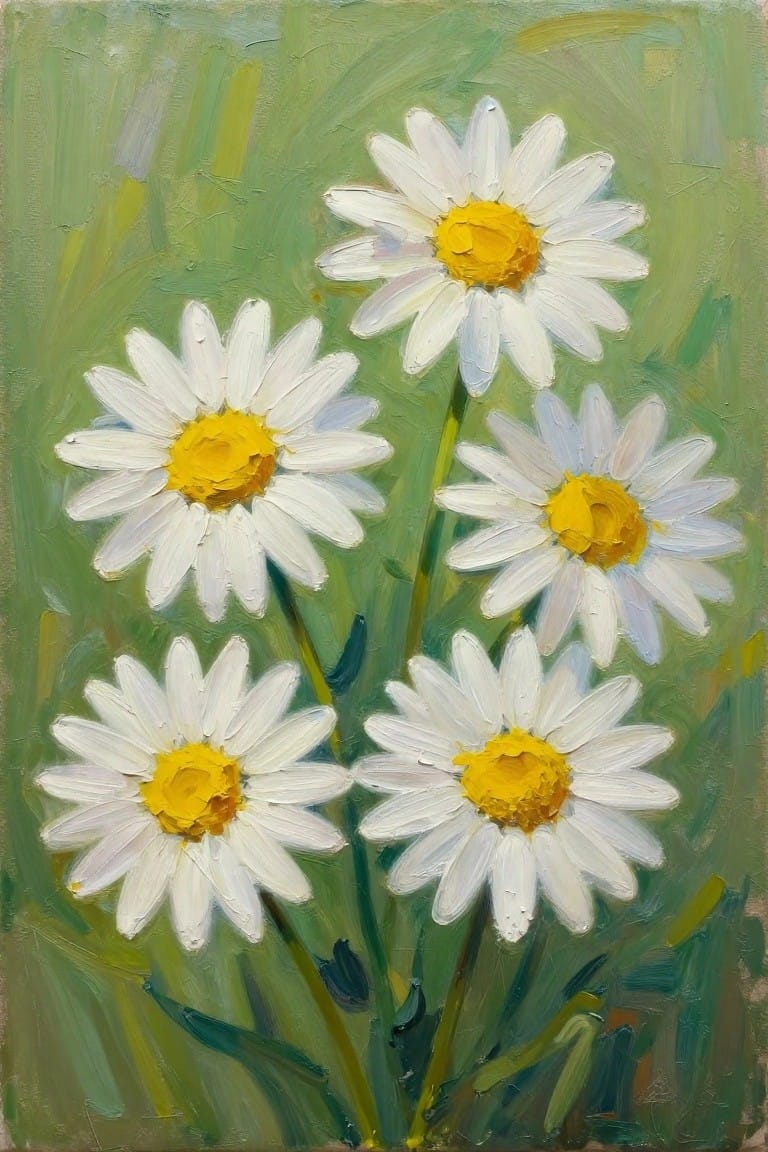 Oil painting of five white daisies with yellow centers on green stems
