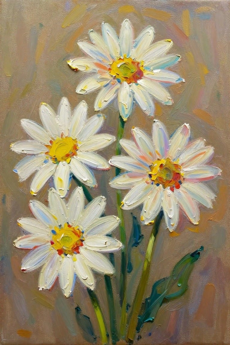 Oil painting of three white daisies with yellow centers and green stems on a brown background.
