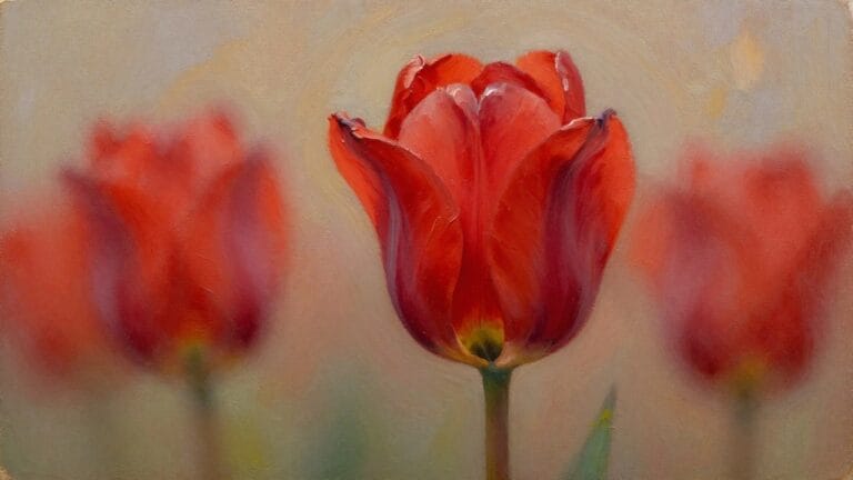 24 Easy Flower Oil Painting Ideas for Beginners Practicing Floral Studies Two red tulips with green leaves, thick brushstrokes on pale background.