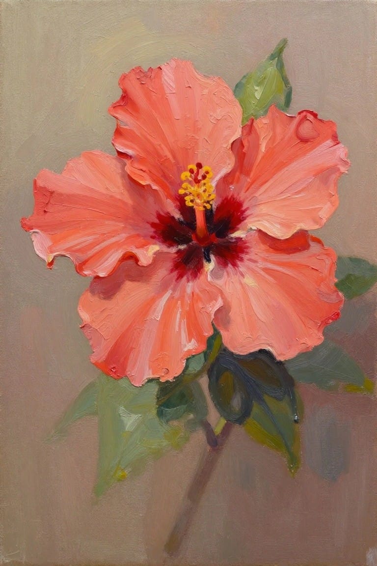 Vibrant coral hibiscus flower painting with yellow stamens, red center, and green leaves.