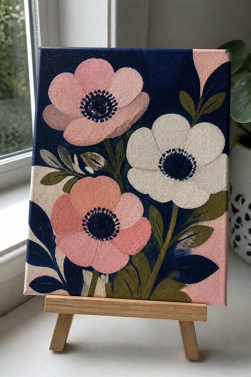 Pink and white flowers on canvas atop small wooden easel by window