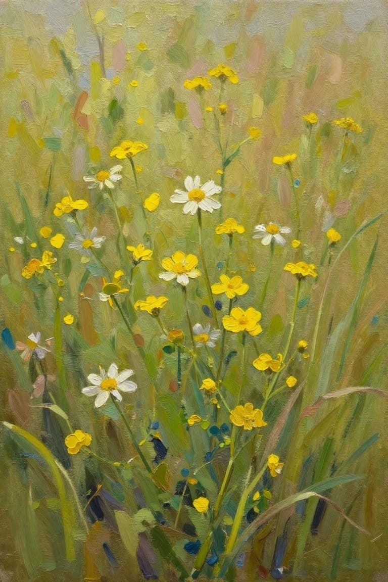 Impressionistic oil painting of white daisies and yellow wildflowers in green meadow