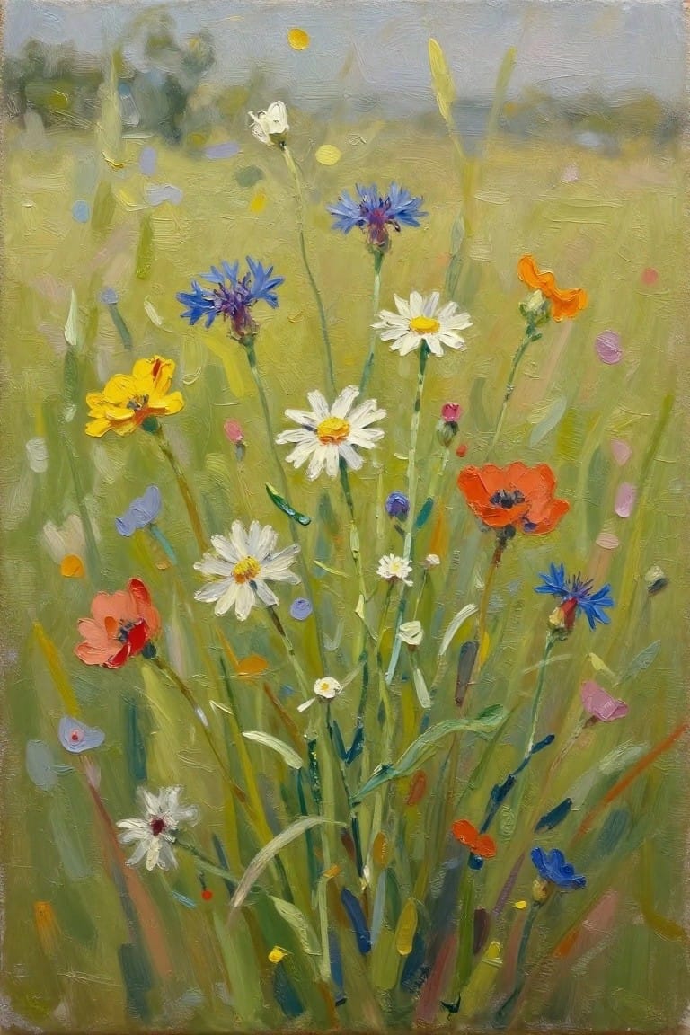 An oil painting of colorful wildflowers including white daisies, red poppies, and blue cornflowers scattered through tall green grass.