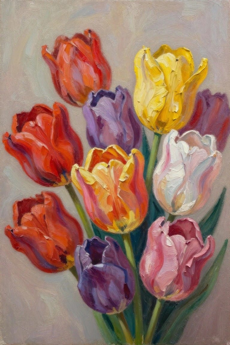 Oil painting of vibrant red, yellow, purple, pink, and white tulips in bloom