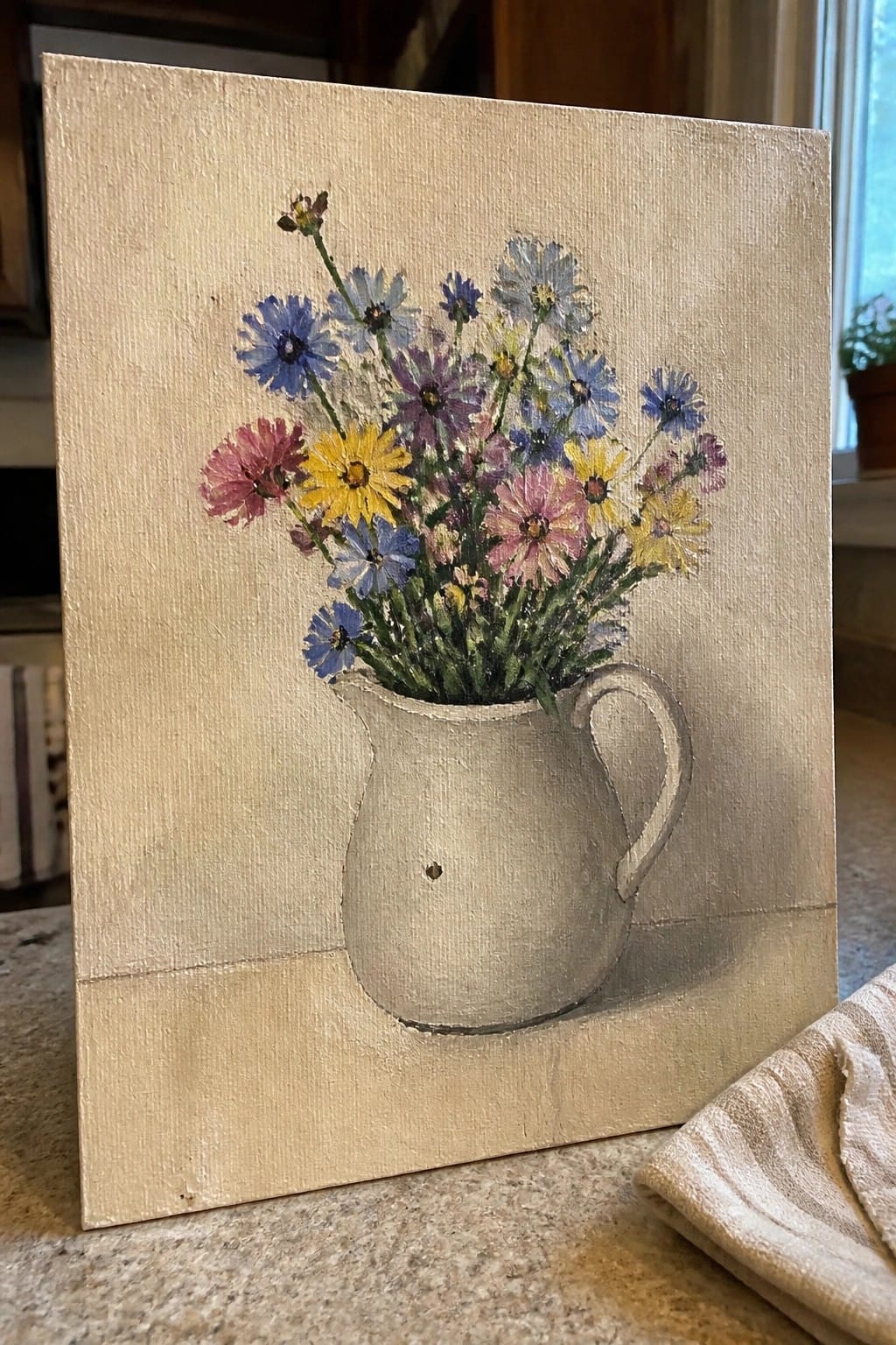 Colorful wildflowers in white ceramic pitcher, still-life painting on canvas.