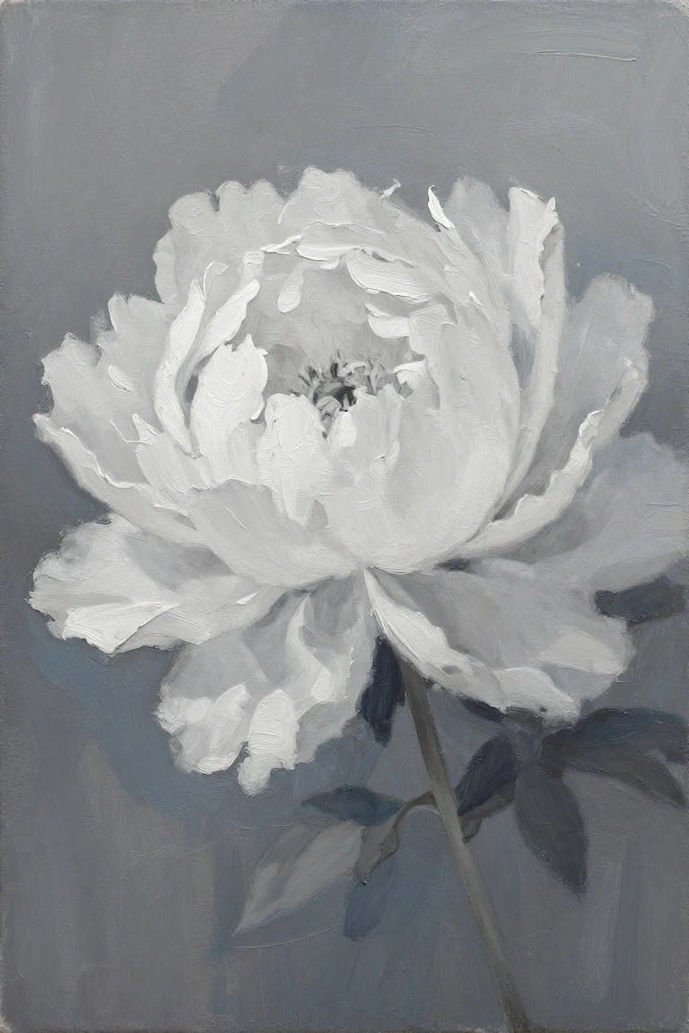 White peony with layered petals and dark leaves on gray background